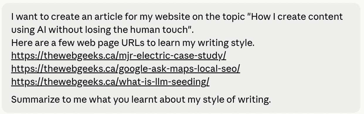 Claude AI prompt using existing website URLs to learn writing style before creating a blog article
