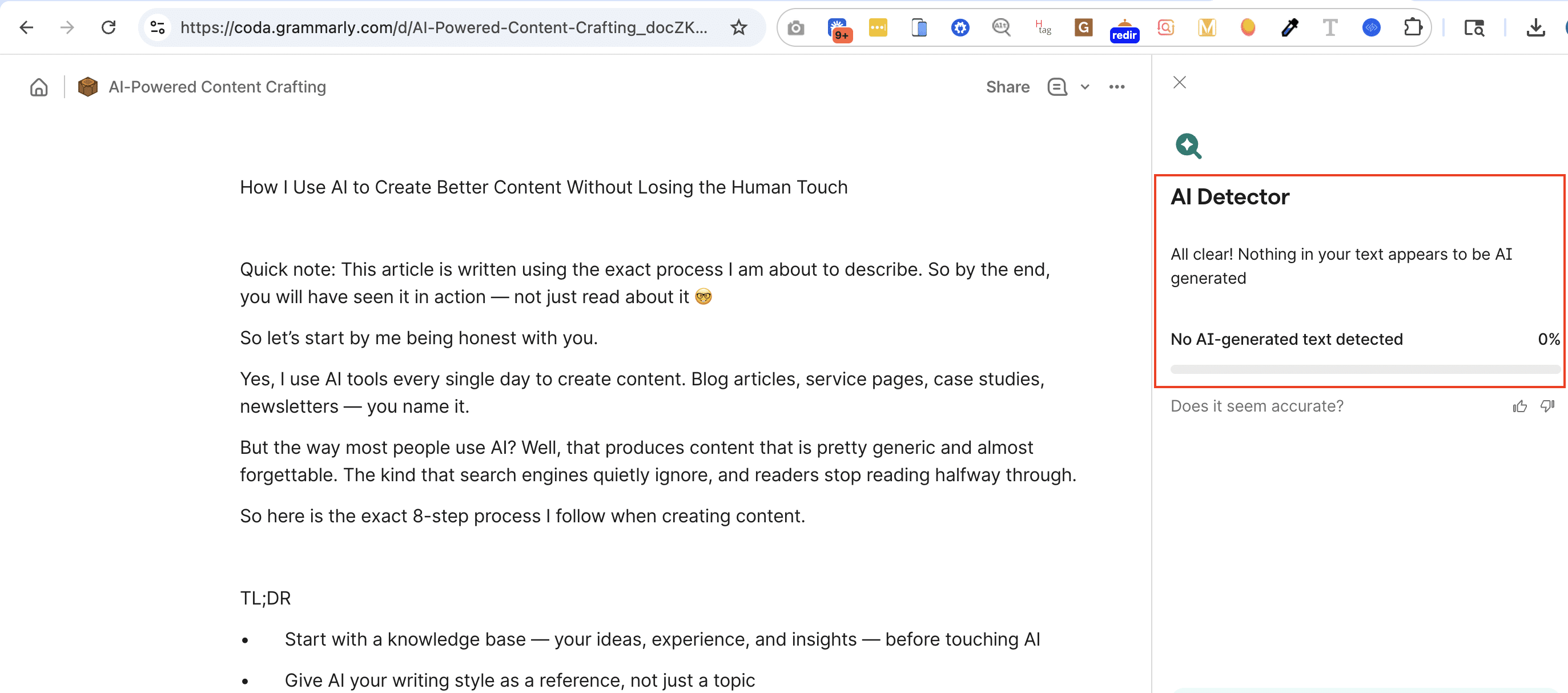 Grammarly AI Detector showing 0% AI-generated text detected for a blog article about AI content creation