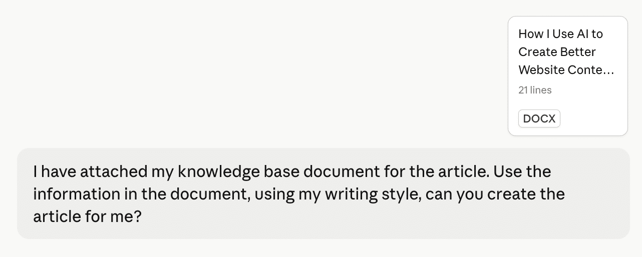 Knowledge base document attached in Claude AI with prompt to create a blog article using a personal writing style