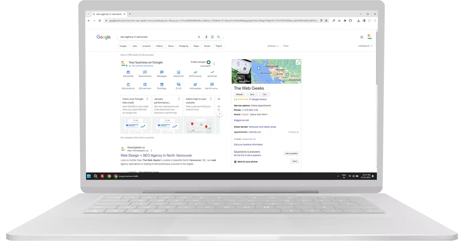 Google Business Profile showing on Laptop